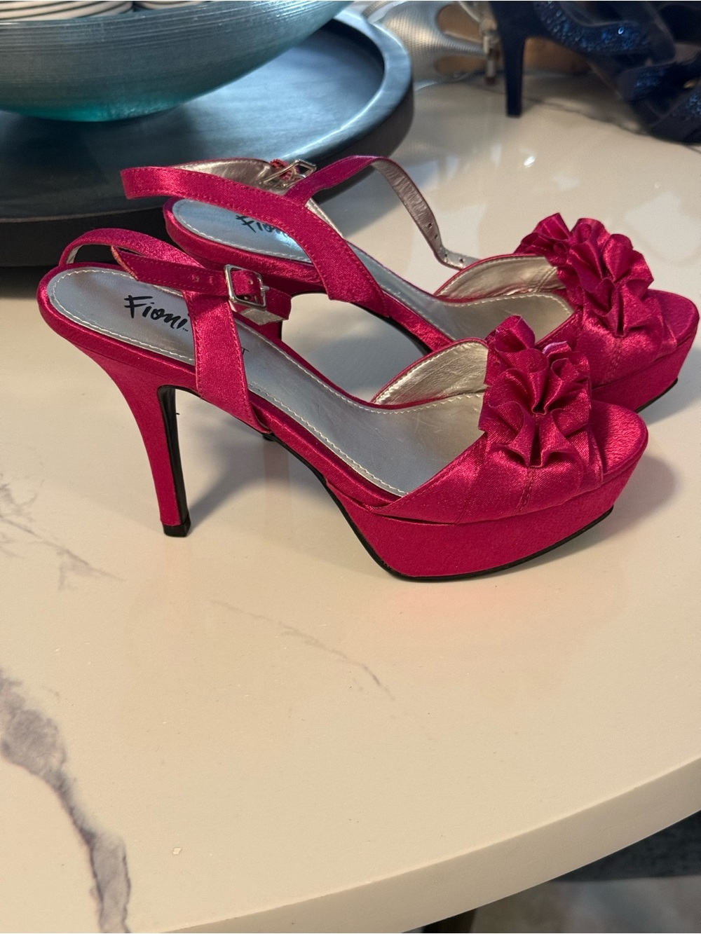 Nina Fuchsia Satin Ruffle Open-Toe Slingback Heels - Picture 3 of 6